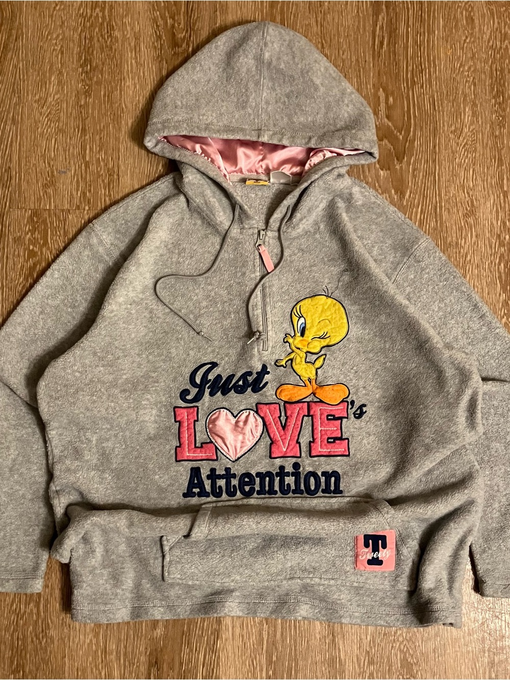 Vtg Y2K 2000s Looney Tunes Just Love Attention Tweety Fleece Hoodie 2X(18W/20W